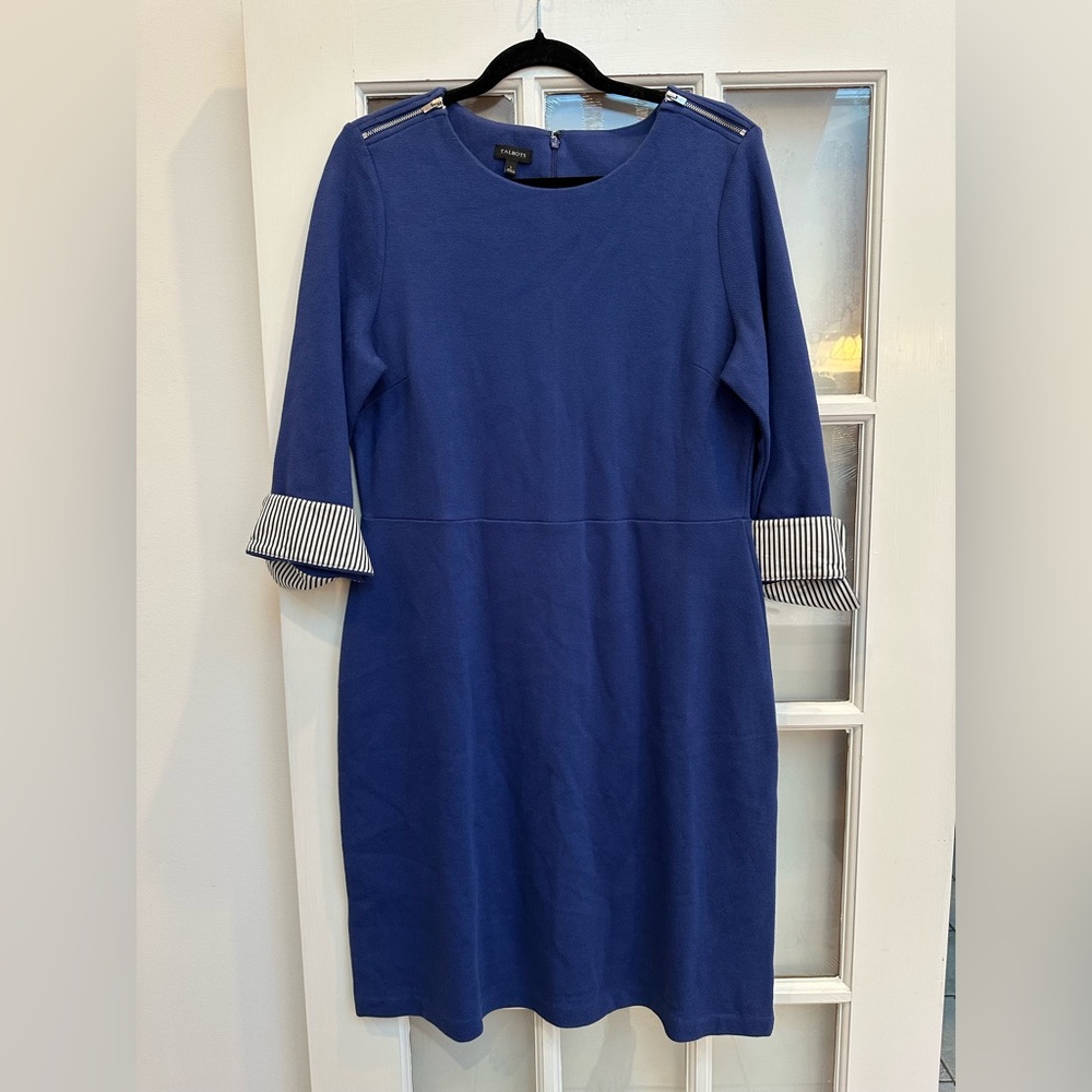 Talbots Women’s Navy Size Large L Jersey Roll Cuff Ponte Shift Dress Preppy